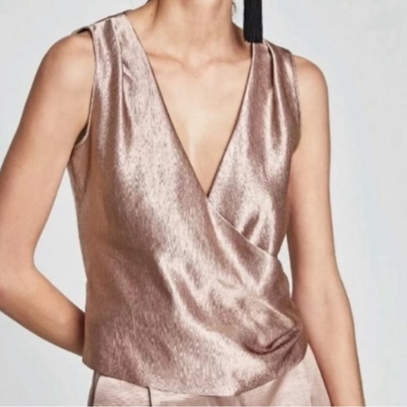 Zara Chrome Top- Zara Sleevelesss Metallic Faux  Wrap a Rose Metallic Vest wrap - Picture 1 of 5